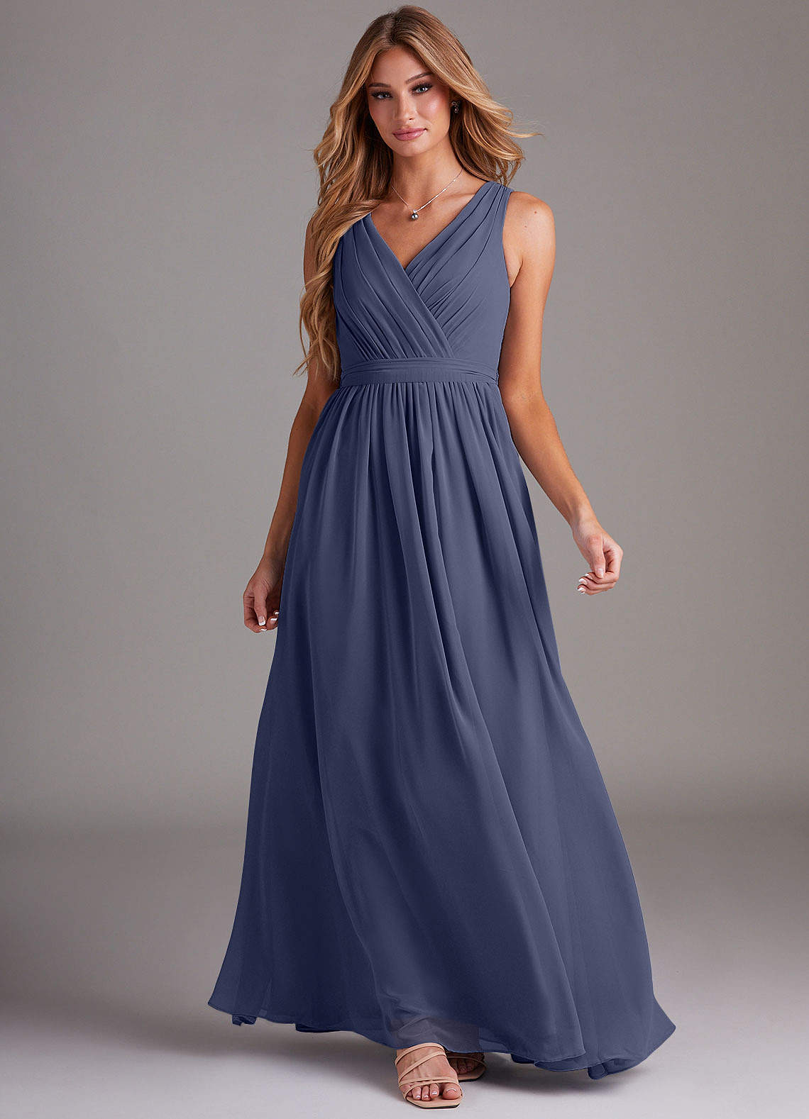 Kingsley A-Line V-Neck Chiffon Bridesmaid Dress in Stormy