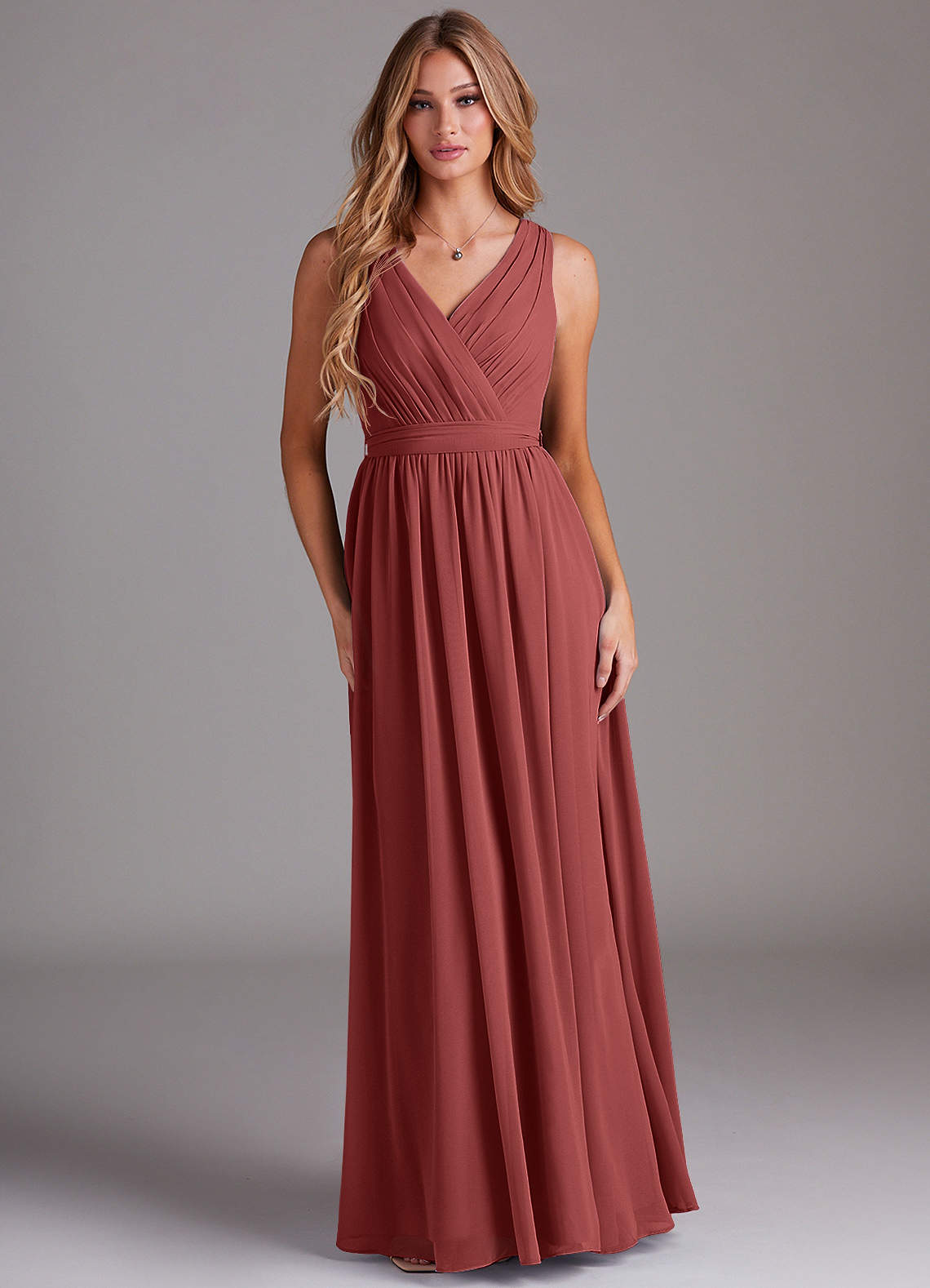 Kingsley A-Line V-Neck Chiffon Bridesmaid Dress in Terracotta