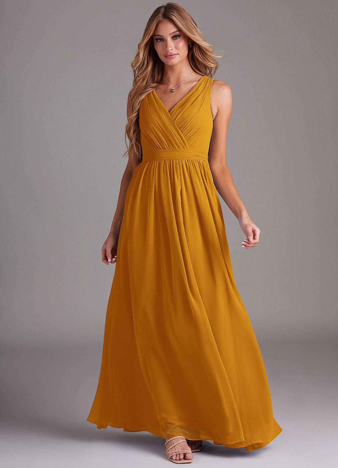 Kingsley A-Line V-Neck Chiffon Bridesmaid Dress in butterscotch