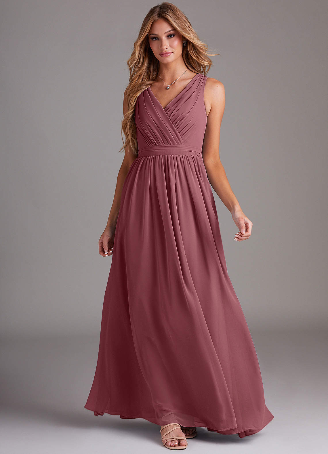 Kingsley A-Line V-Neck Chiffon Bridesmaid Dress in Desert Rose