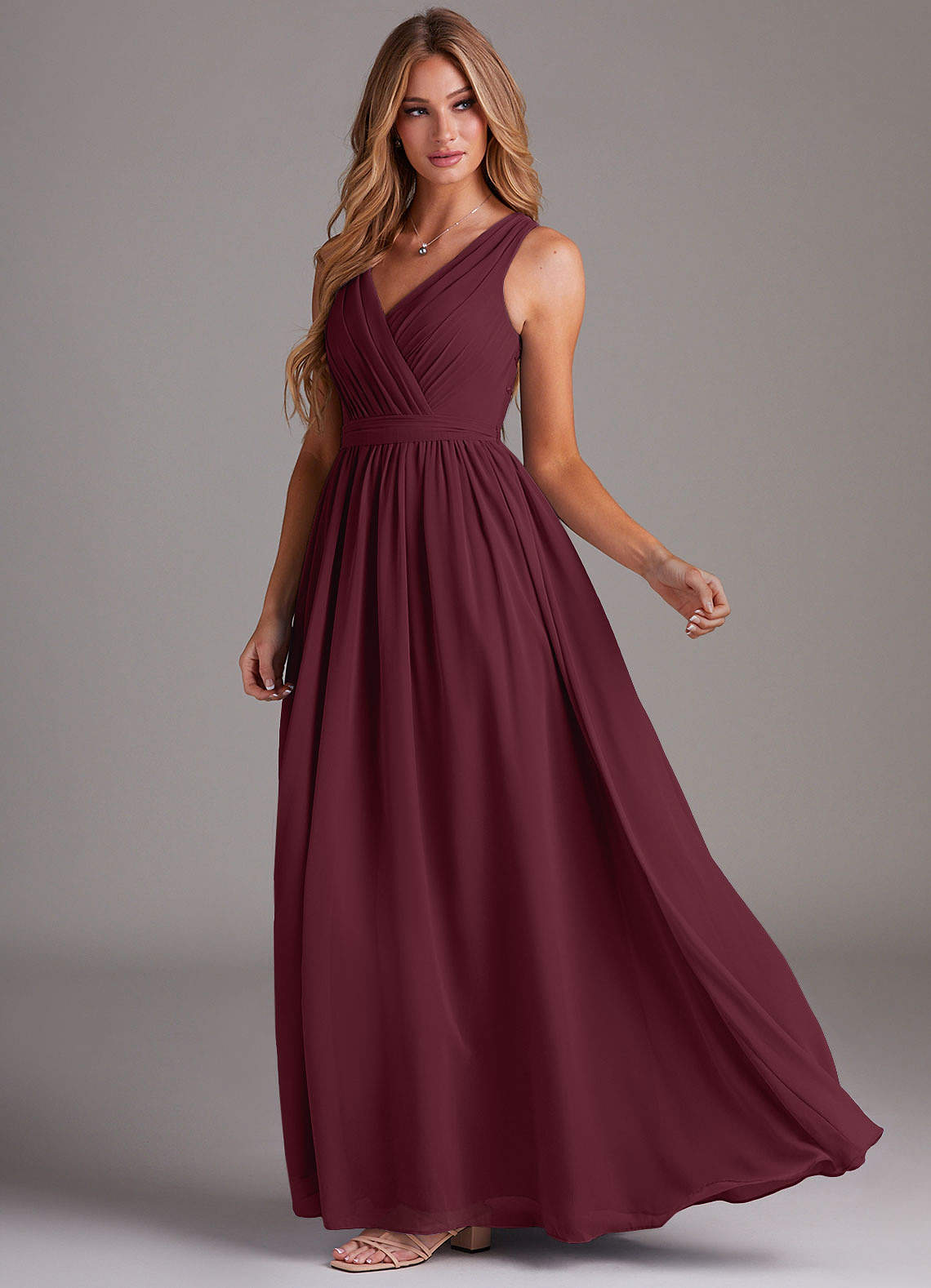 Kingsley A-Line V-Neck Chiffon Bridesmaid Dress in Cabernet