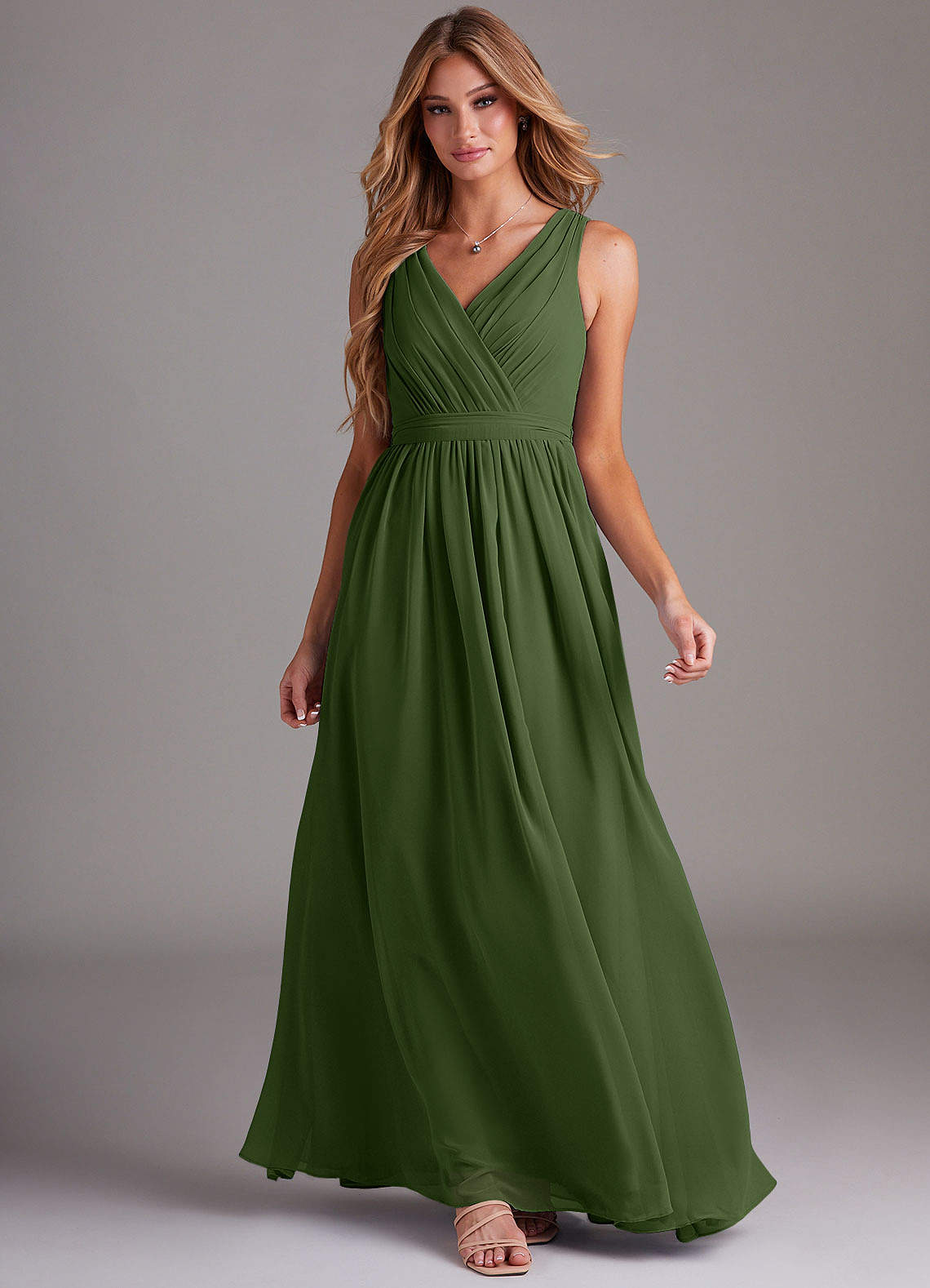 Kingsley A-Line V-Neck Chiffon Bridesmaid Dress in Olive