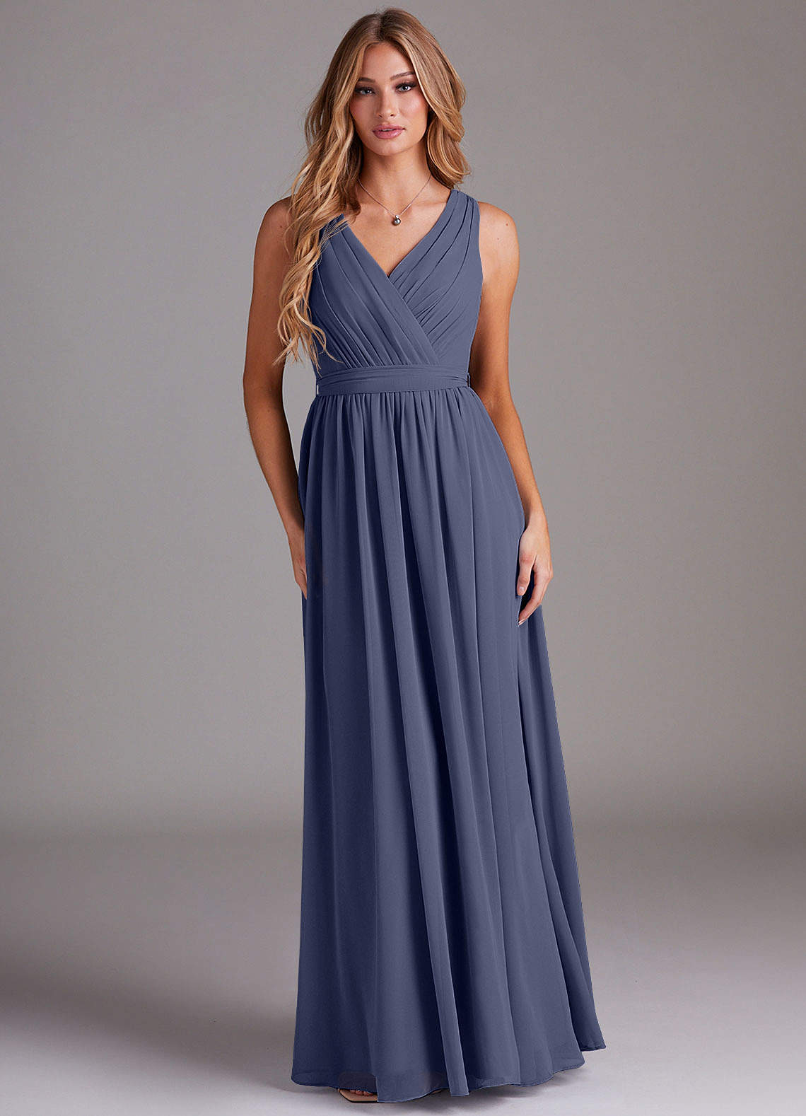 Kingsley A-Line V-Neck Chiffon Bridesmaid Dress in Stormy