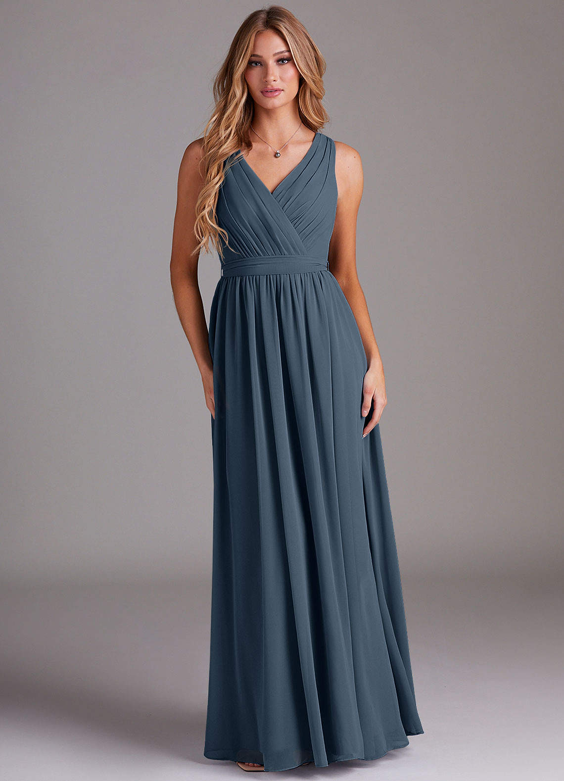 Kingsley A-Line V-Neck Chiffon Bridesmaid Dress in Neptune