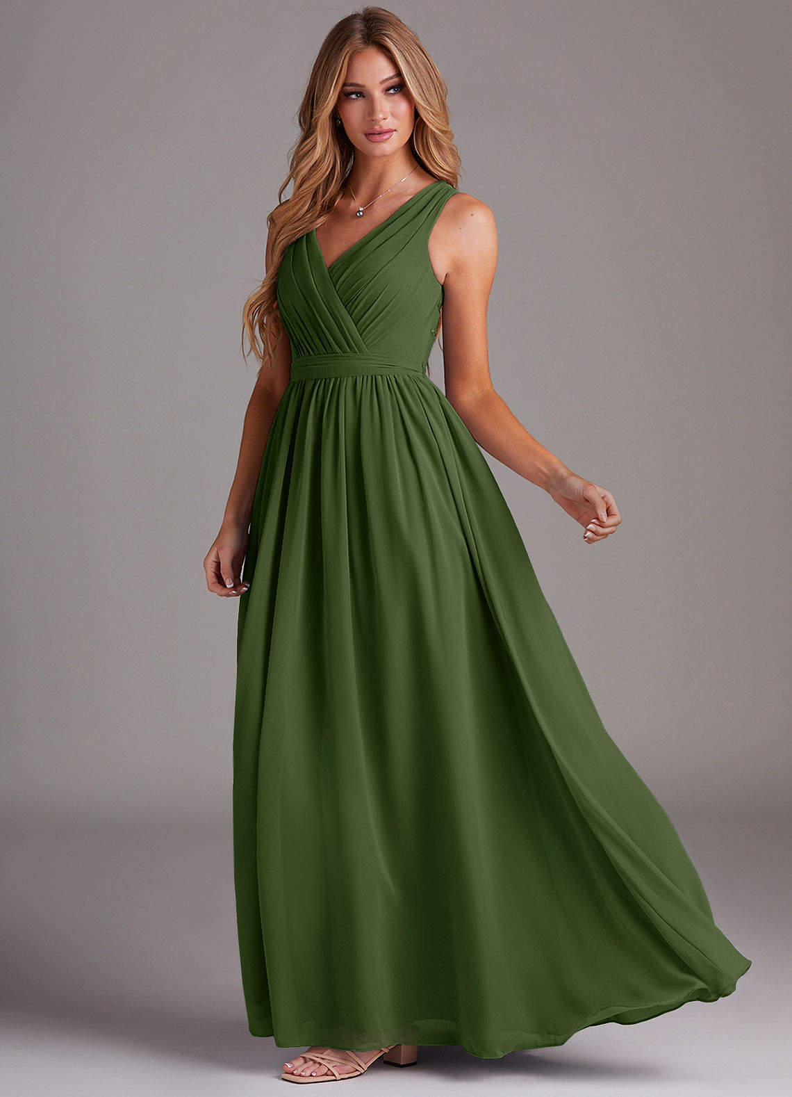 Kingsley A-Line V-Neck Chiffon Bridesmaid Dress in Olive