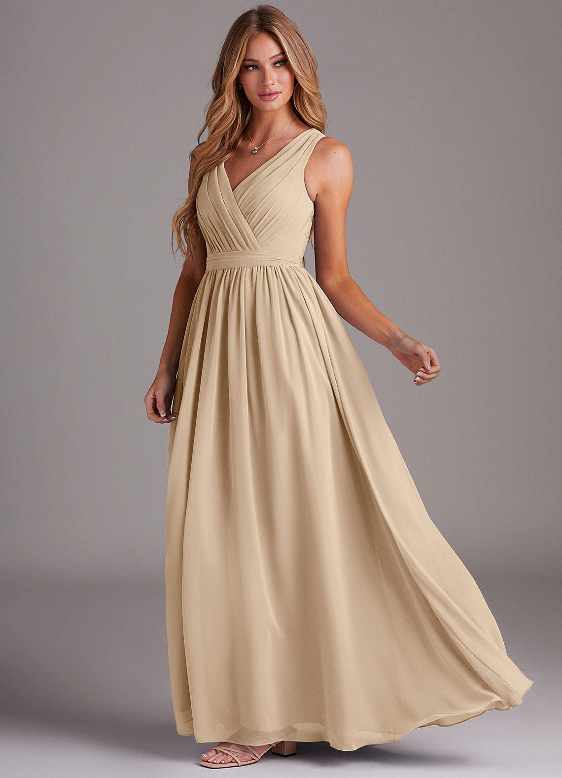 Kingsley A-Line V-Neck Chiffon Bridesmaid Dress in Champagne