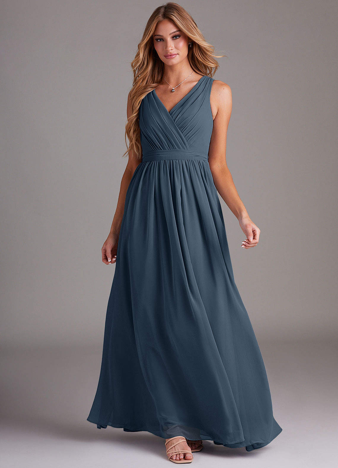 Kingsley A-Line V-Neck Chiffon Bridesmaid Dress in Neptune