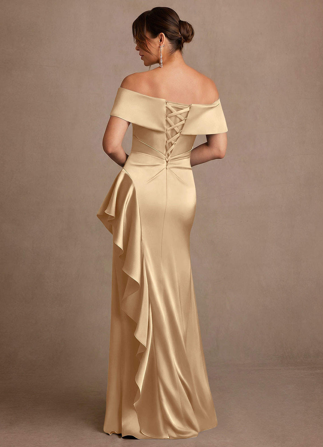 Kirsty Sheath Off-the-Shoulder Stretch Satin Mother of the Bride Dress in champagne