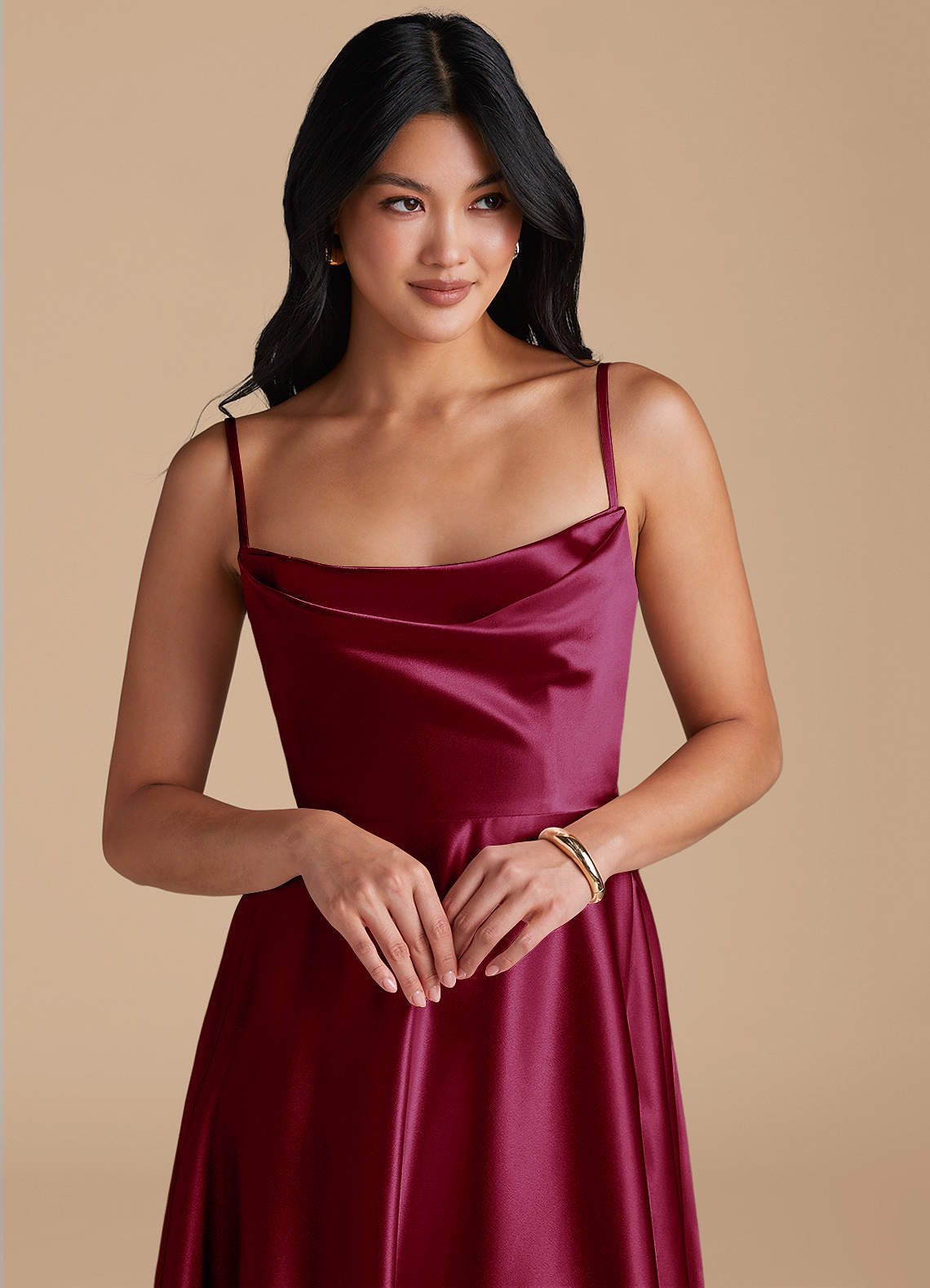 Elle A-Line Cowl-Neck Metallic Satin Bridesmaid Dress in Burgundy