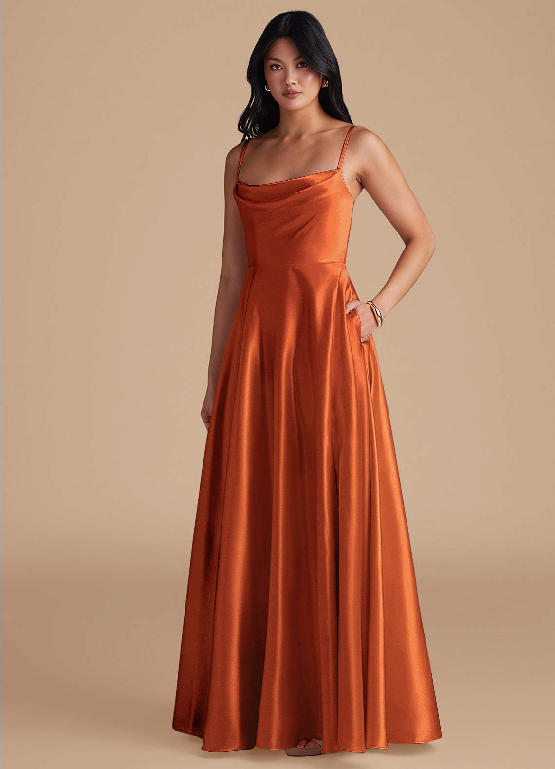 Elle A-Line Cowl-Neck Metallic Satin Bridesmaid Dress in Burnt Orange