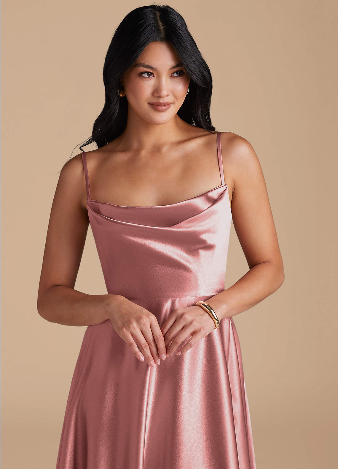Elle A-Line Cowl-Neck Metallic Satin Bridesmaid Dress in dusty rose