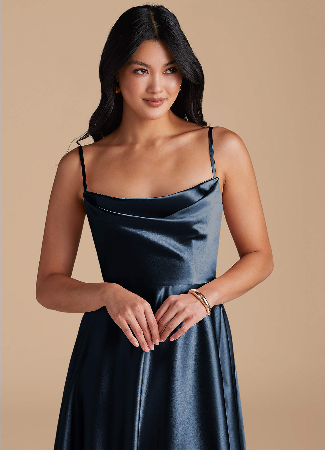 Elle A-Line Cowl-Neck Metallic Satin Bridesmaid Dress in Dark Navy