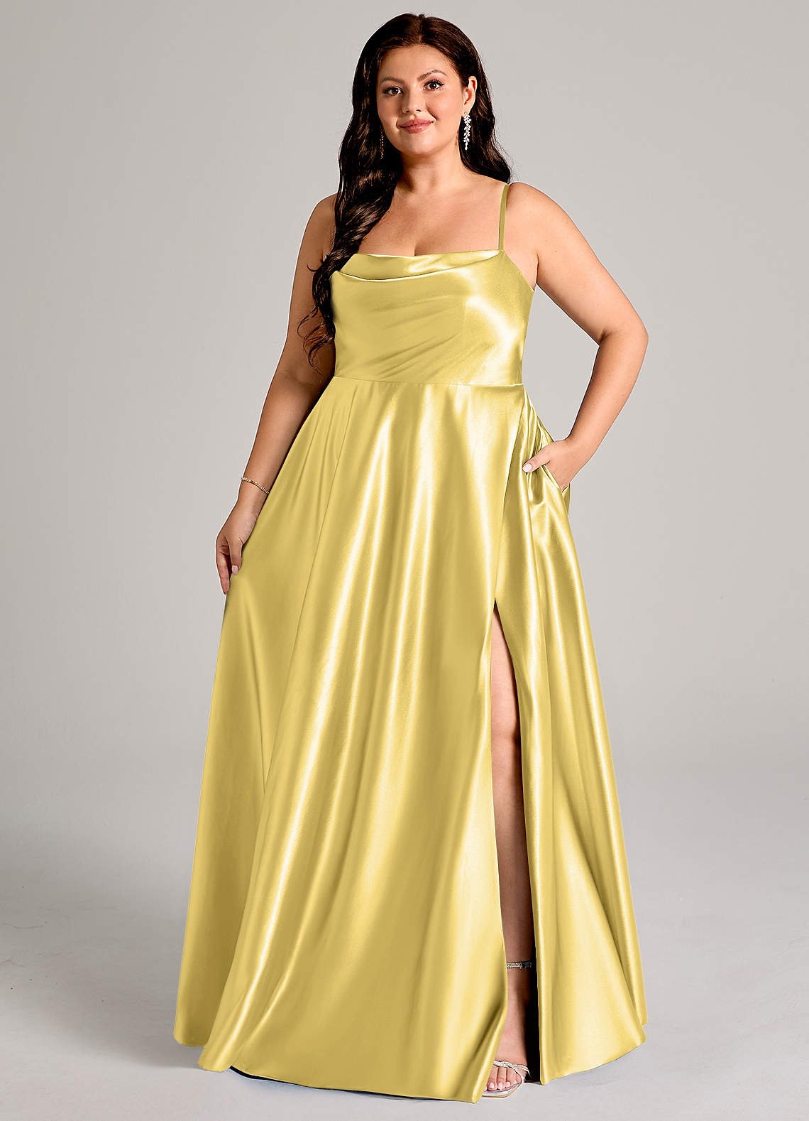 Elle A-Line Cowl-Neck Metallic Satin Bridesmaid Dress in Canary