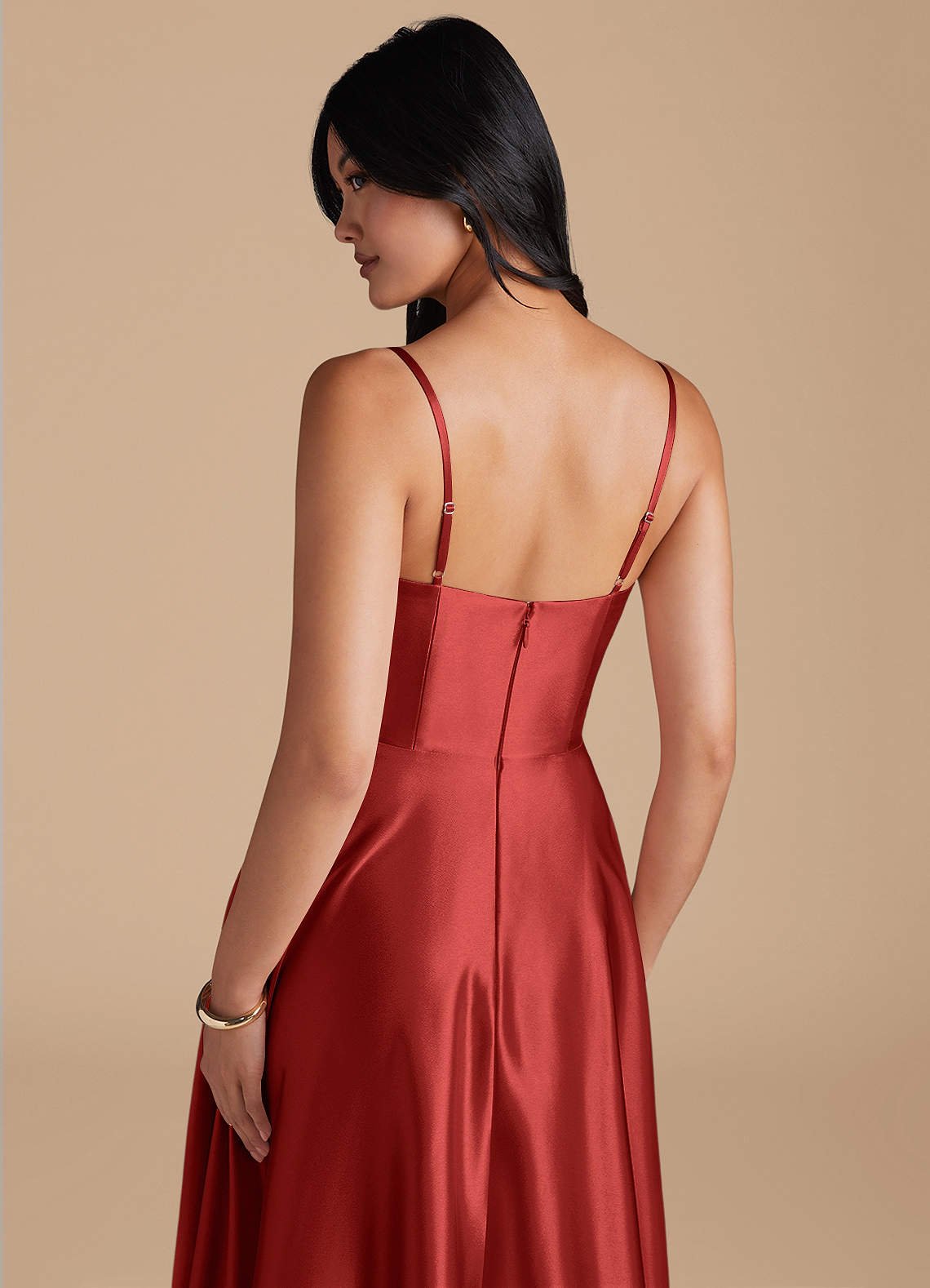 Elle A-Line Cowl-Neck Metallic Satin Bridesmaid Dress in Rust