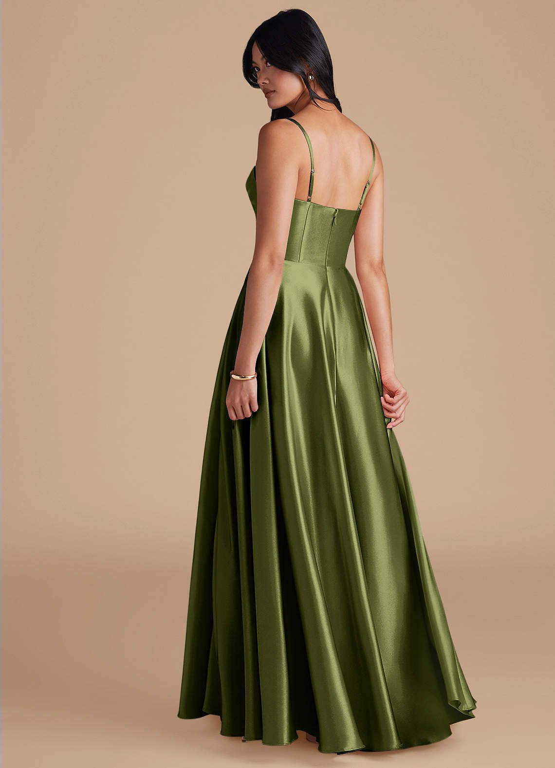 Elle A-Line Cowl-Neck Metallic Satin Bridesmaid Dress in Olive