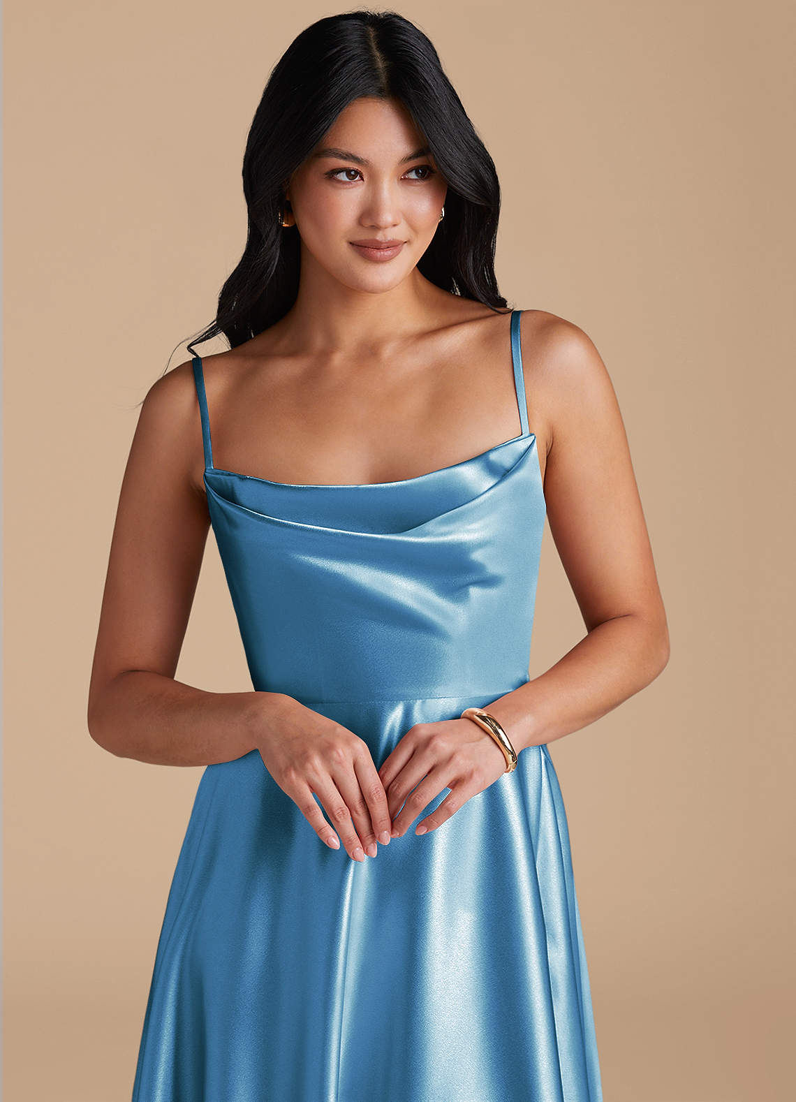 Elle A-Line Cowl-Neck Metallic Satin Bridesmaid Dress in Steel Blue