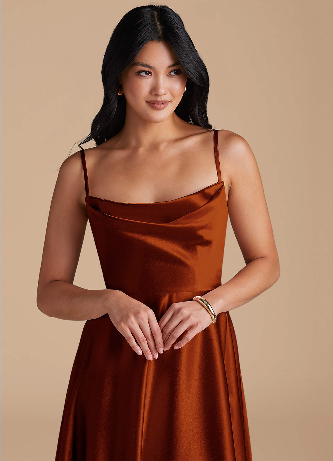 Elle A-Line Cowl-Neck Metallic Satin Bridesmaid Dress in Auburn