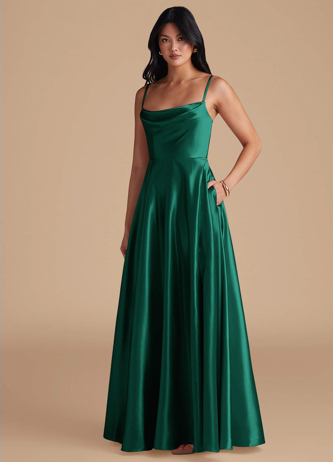 Elle A-Line Cowl-Neck Metallic Satin Bridesmaid Dress in Emerald