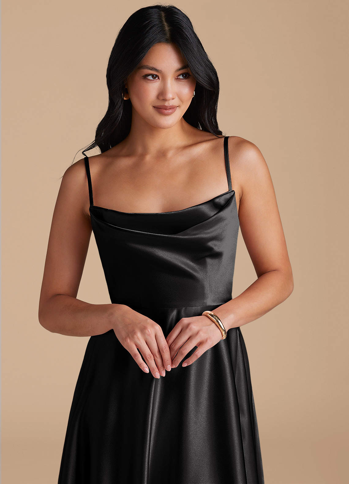 Elle A-Line Cowl-Neck Metallic Satin Bridesmaid Dress in black