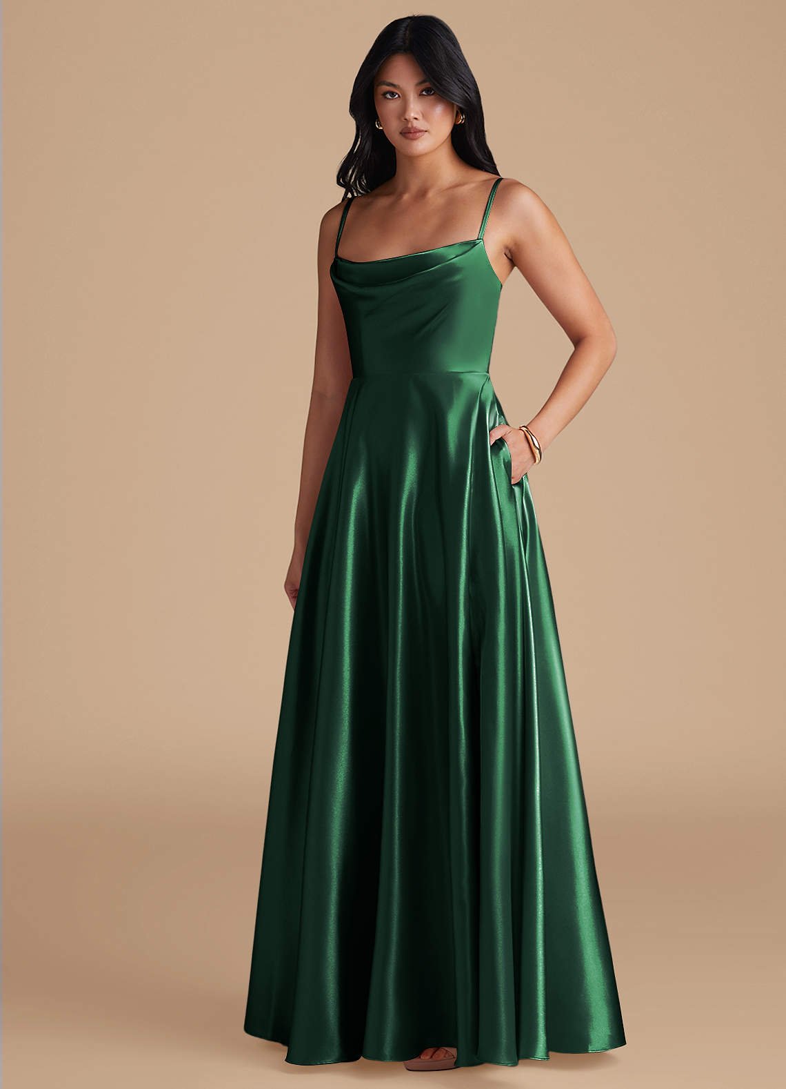Elle A-Line Cowl-Neck Metallic Satin Bridesmaid Dress in Dark Green
