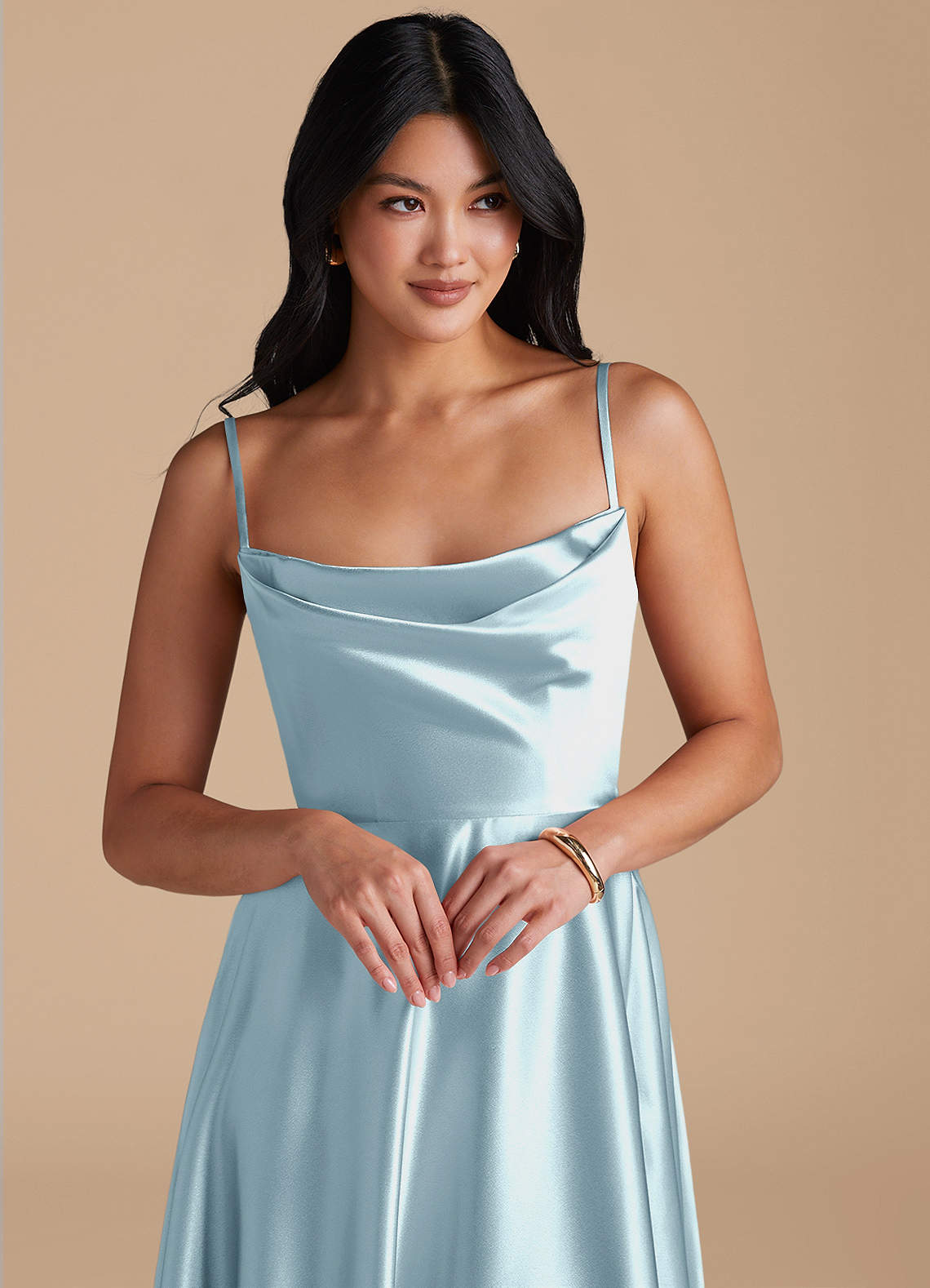Elle A-Line Cowl-Neck Metallic Satin Bridesmaid Dress in Sky Blue