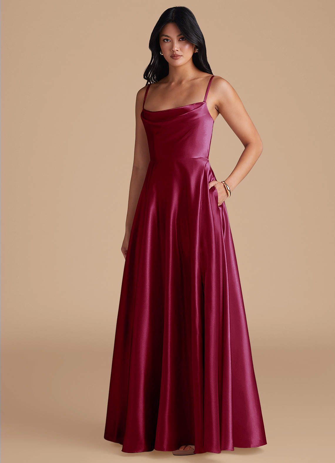 Elle A-Line Cowl-Neck Metallic Satin Bridesmaid Dress in Burgundy