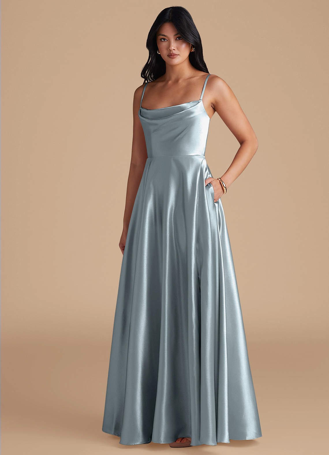 Elle A-Line Cowl-Neck Metallic Satin Bridesmaid Dress in dusty blue