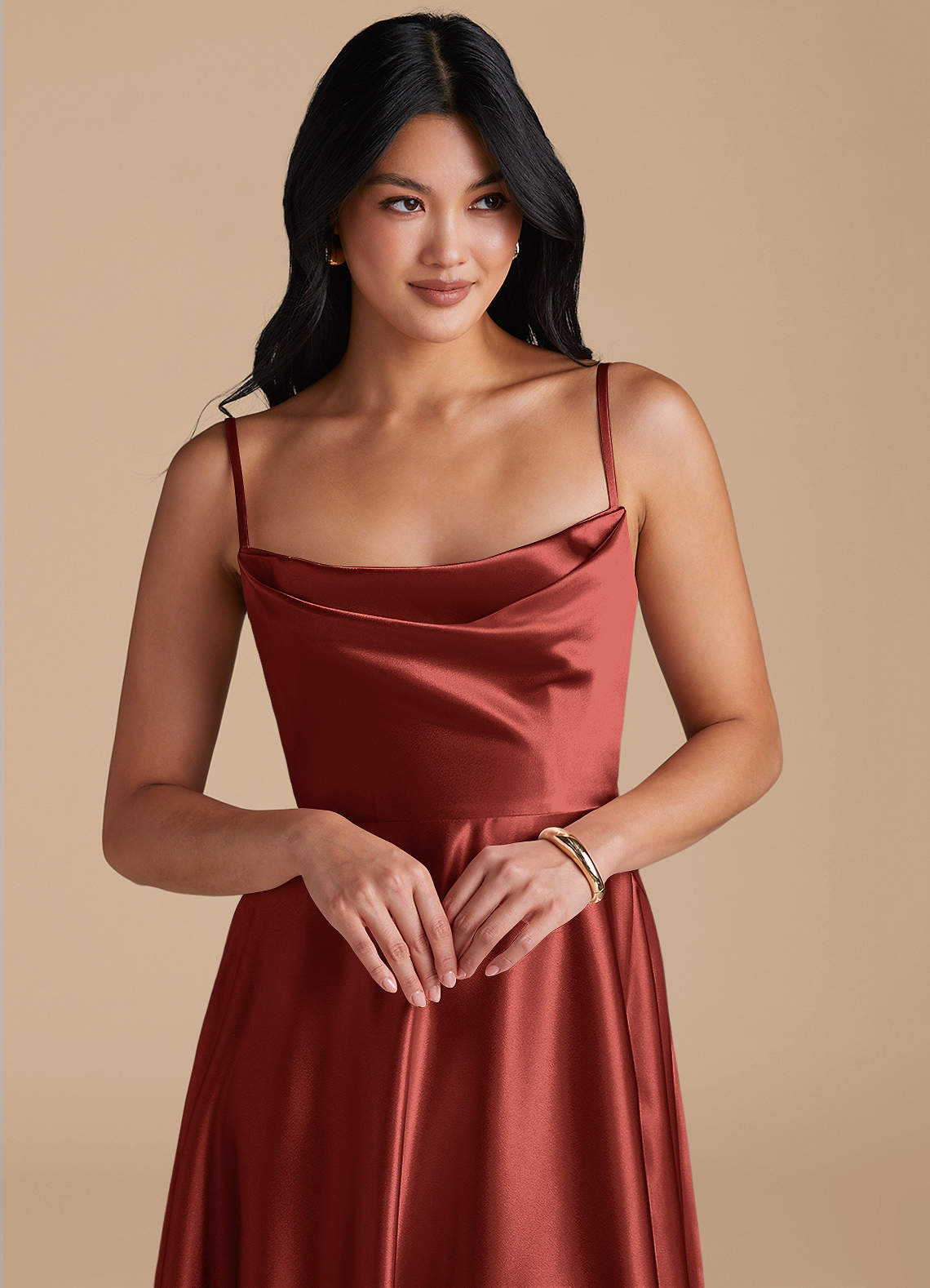 Elle A-Line Cowl-Neck Metallic Satin Bridesmaid Dress in Terracotta