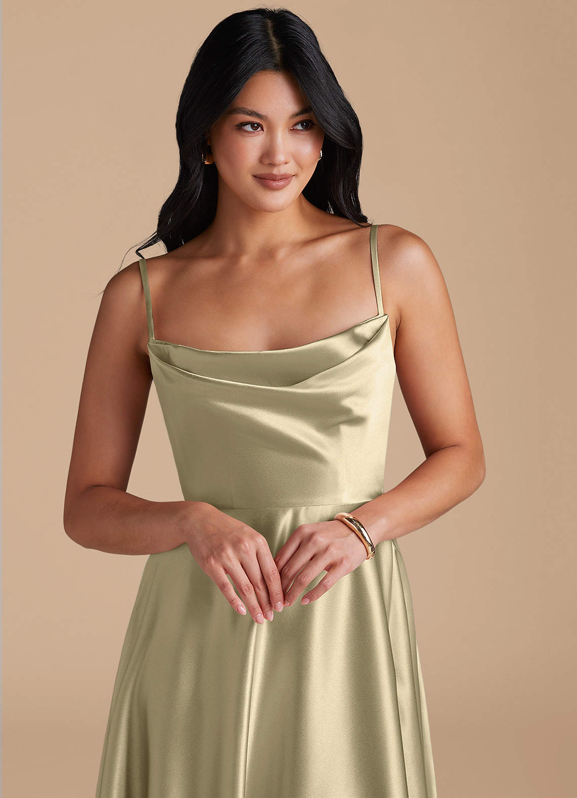 Elle A-Line Cowl-Neck Metallic Satin Bridesmaid Dress in Moss Green