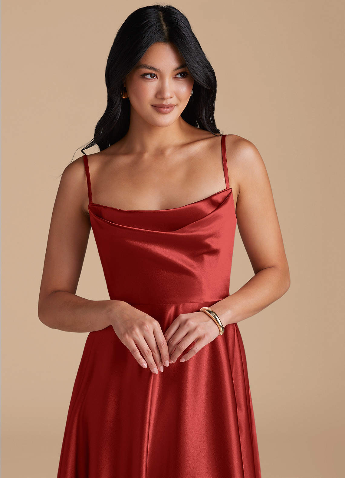 Elle A-Line Cowl-Neck Metallic Satin Bridesmaid Dress in Rust