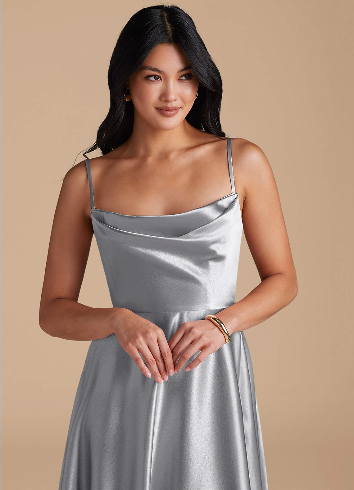 Elle A-Line Cowl-Neck Metallic Satin Bridesmaid Dress in Silver