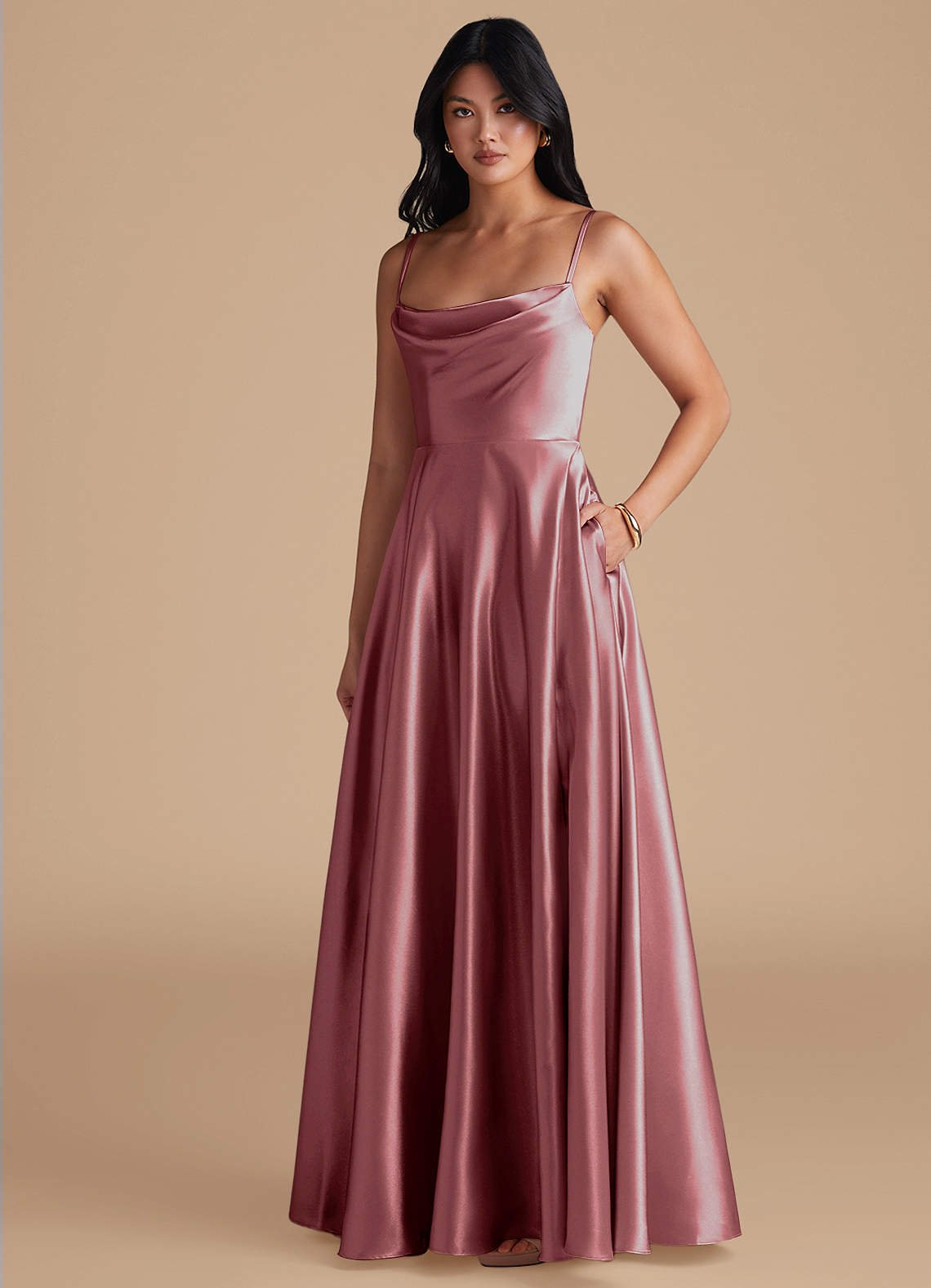 Elle A-Line Cowl-Neck Metallic Satin Bridesmaid Dress in Vintage Mauve