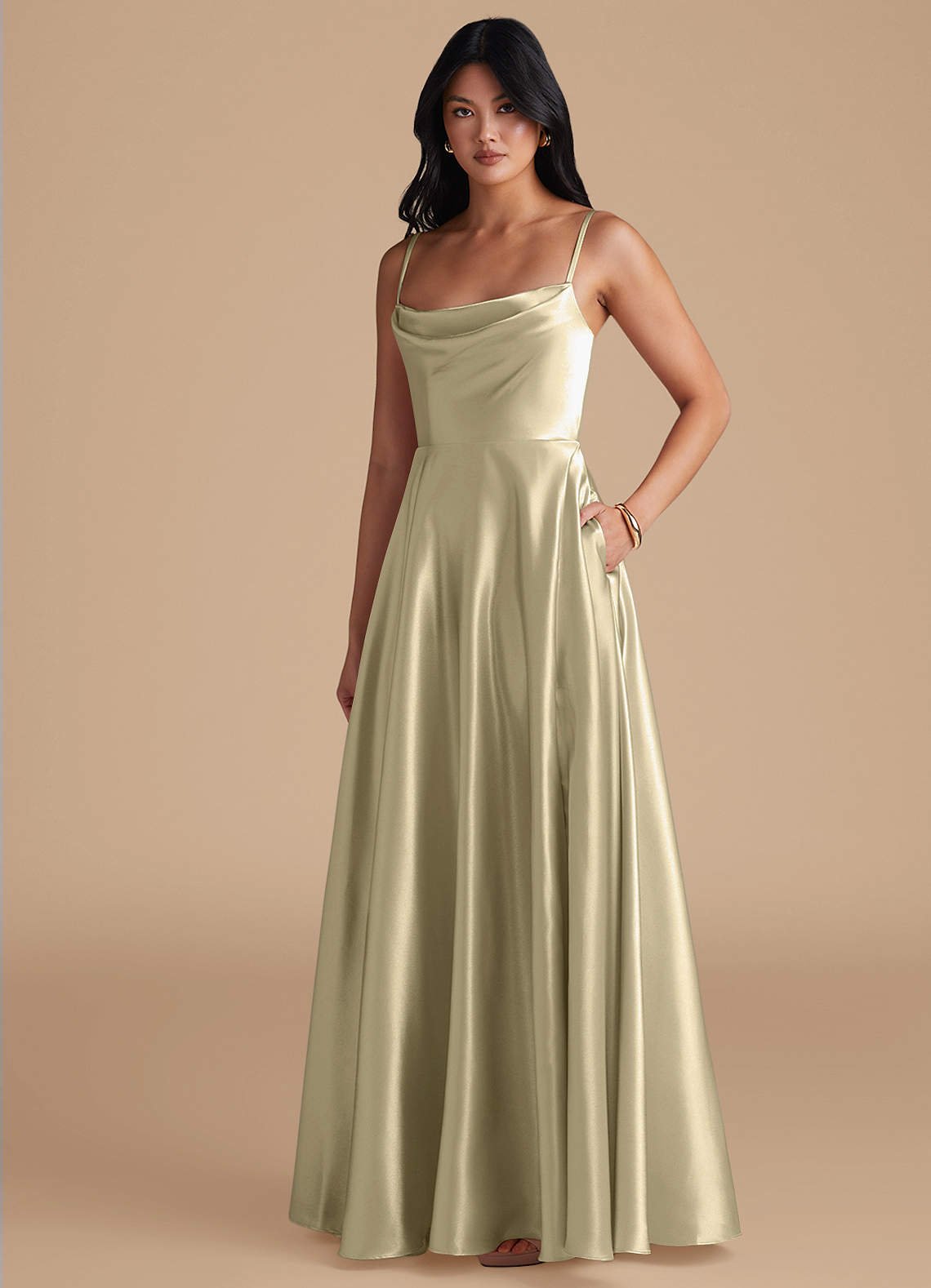 Elle A-Line Cowl-Neck Metallic Satin Bridesmaid Dress in Moss Green