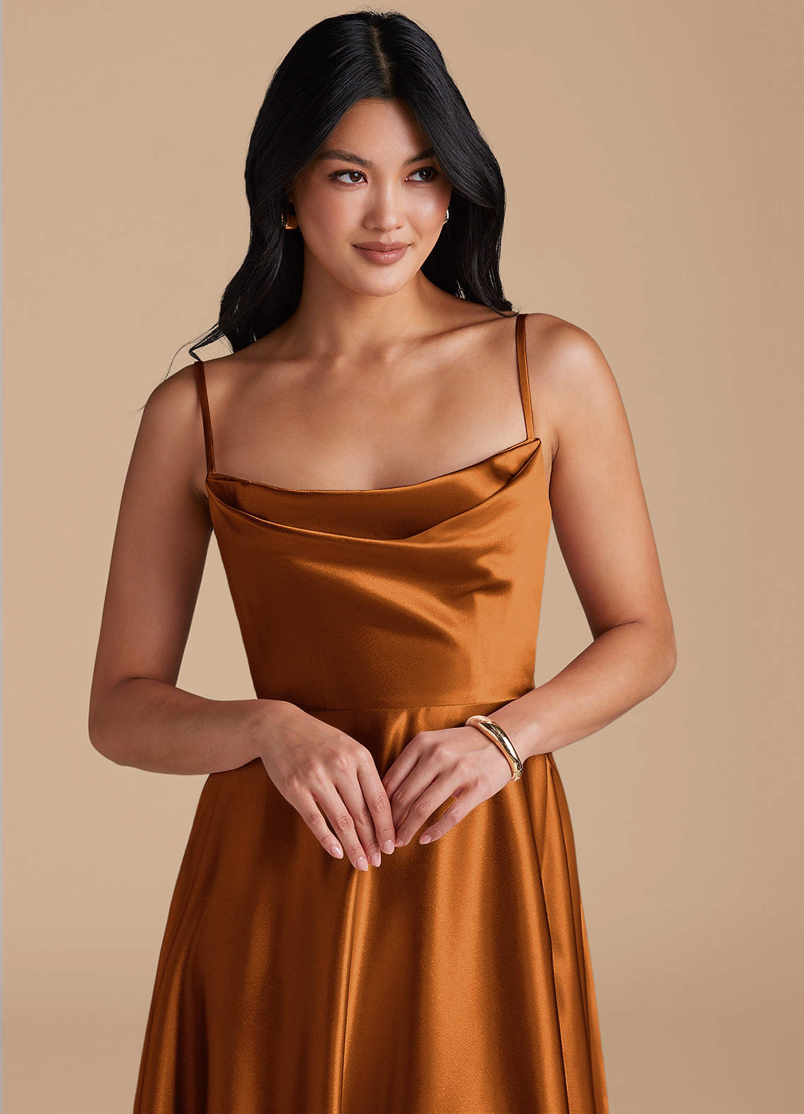 Elle A-Line Cowl-Neck Metallic Satin Bridesmaid Dress in Copper