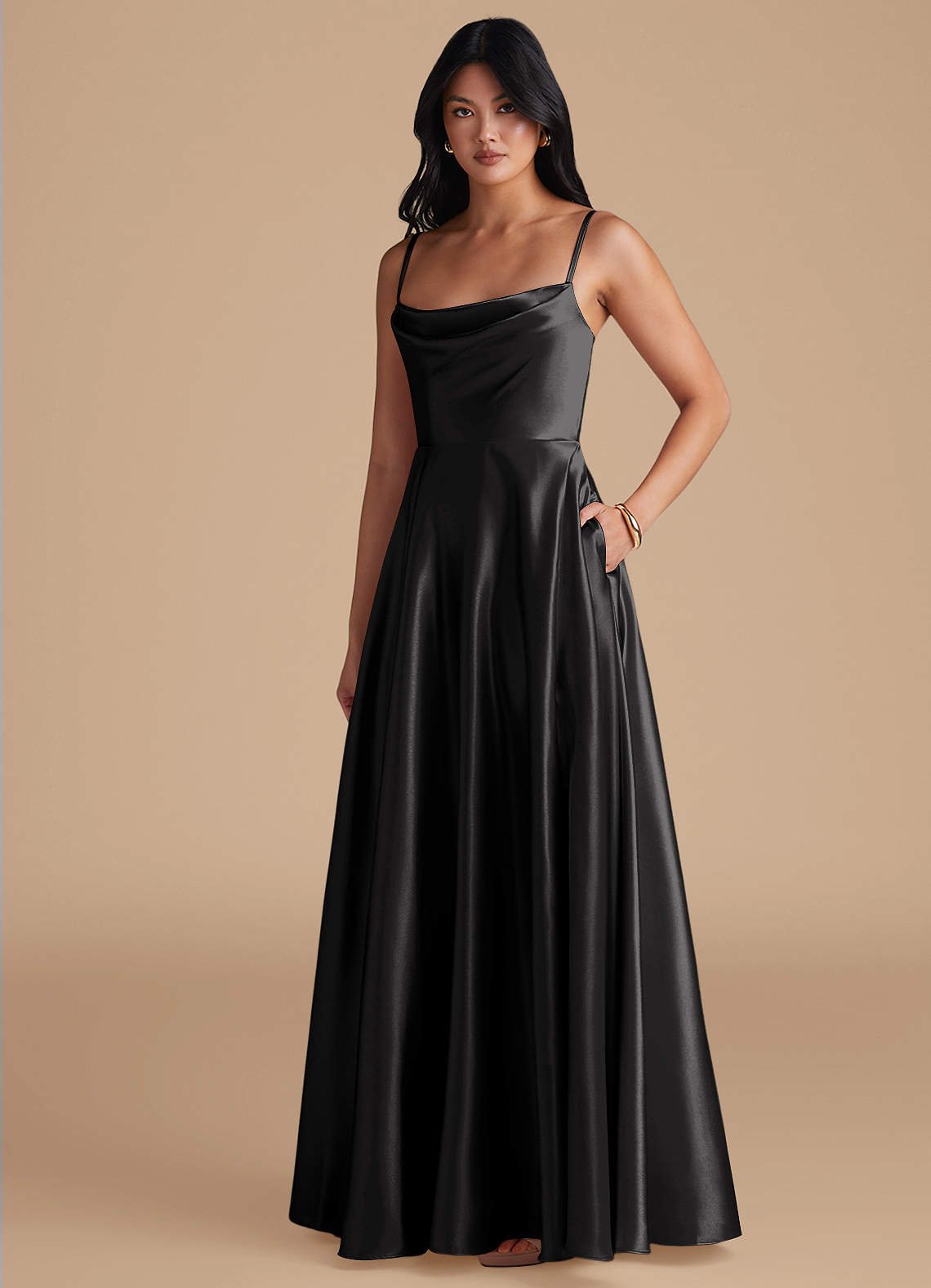 Elle A-Line Cowl-Neck Metallic Satin Bridesmaid Dress in black