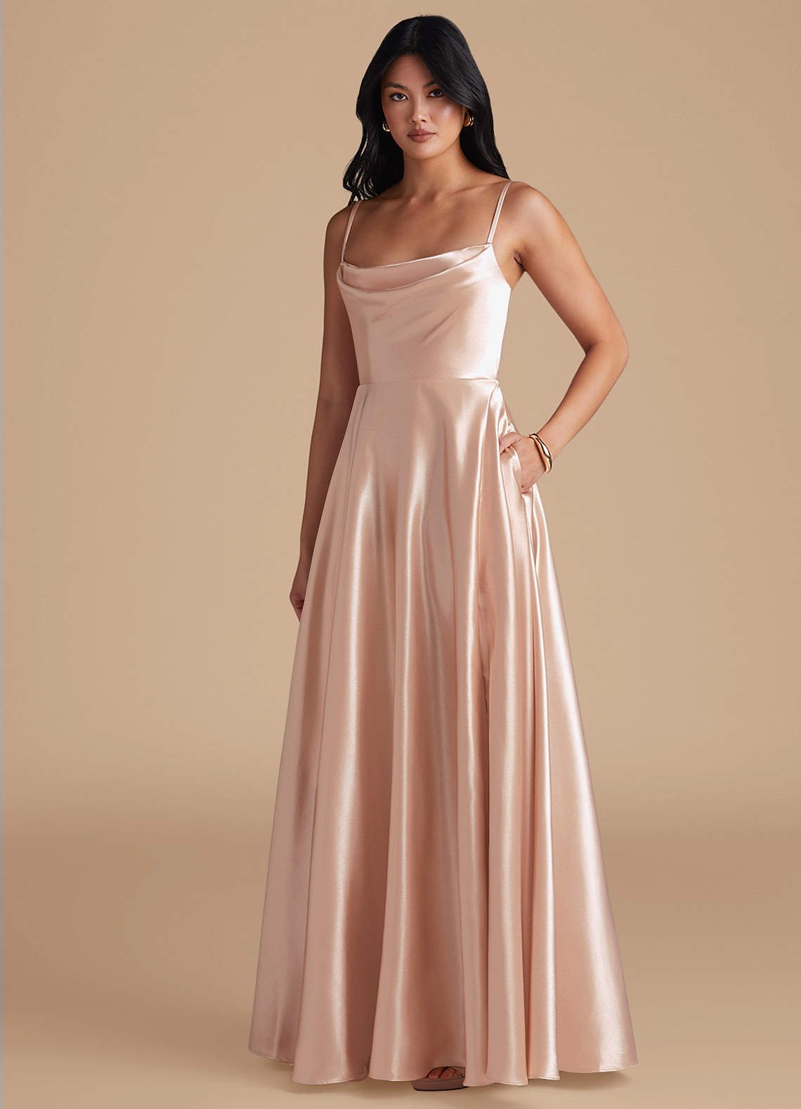 Elle A-Line Cowl-Neck Metallic Satin Bridesmaid Dress in English Rose