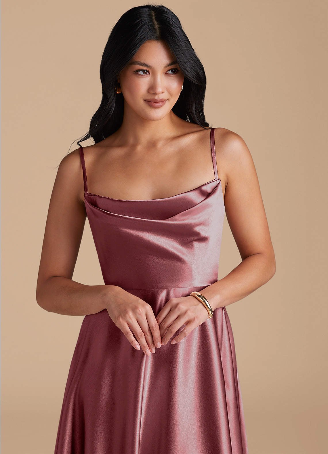 Elle A-Line Cowl-Neck Metallic Satin Bridesmaid Dress in Vintage Mauve