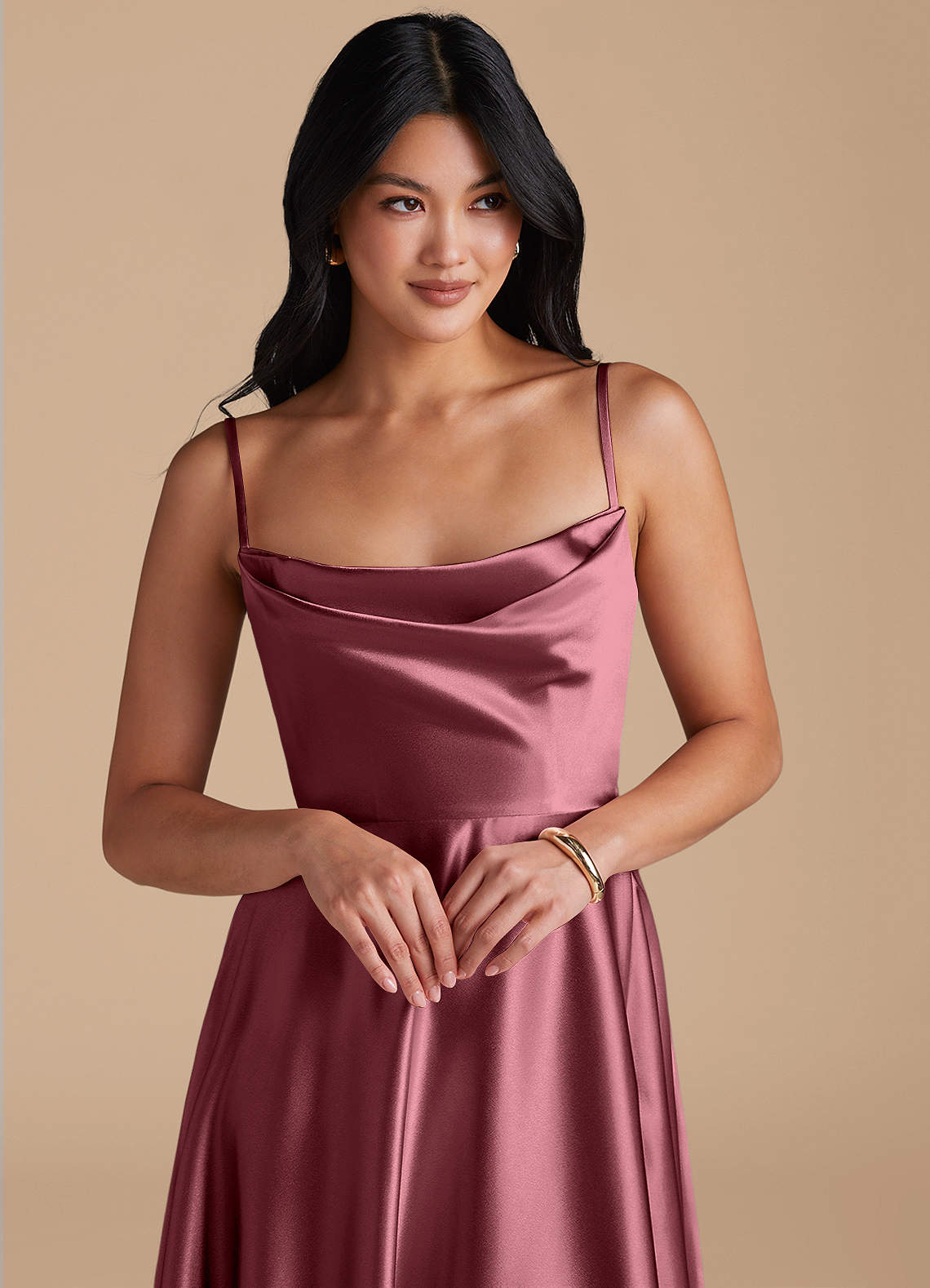 Elle A-Line Cowl-Neck Metallic Satin Bridesmaid Dress in Desert Rose