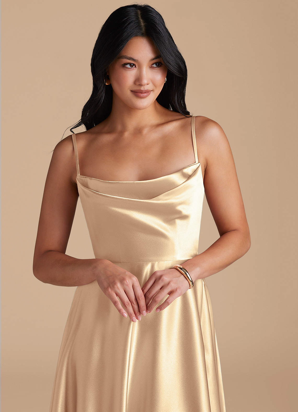 Elle A-Line Cowl-Neck Metallic Satin Bridesmaid Dress in Gold