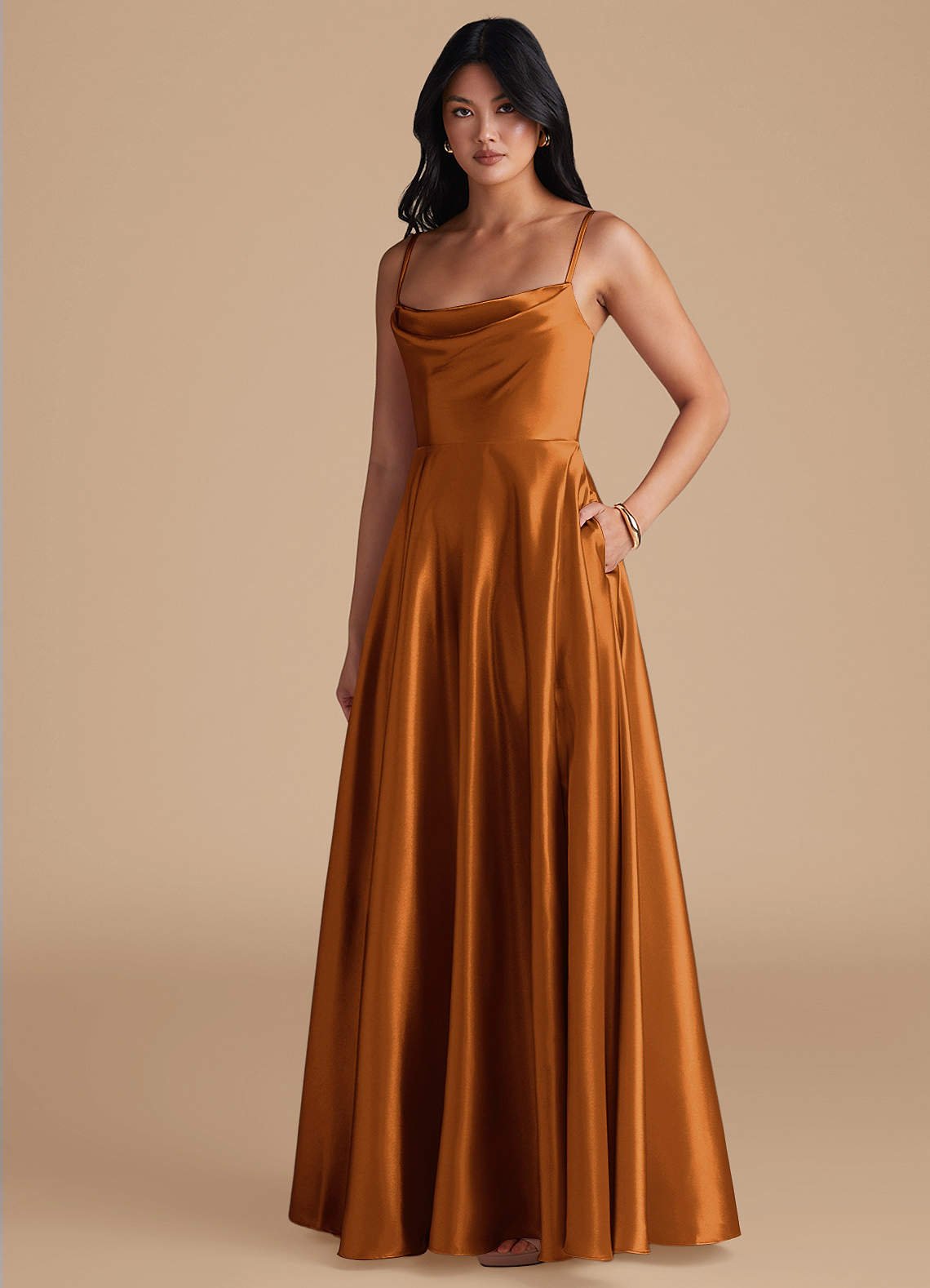 Elle A-Line Cowl-Neck Metallic Satin Bridesmaid Dress in Copper