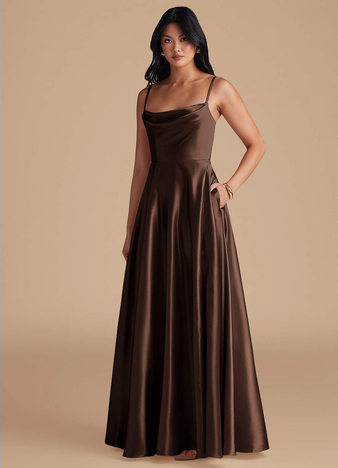 Elle A-Line Cowl-Neck Metallic Satin Bridesmaid Dress in Ganache