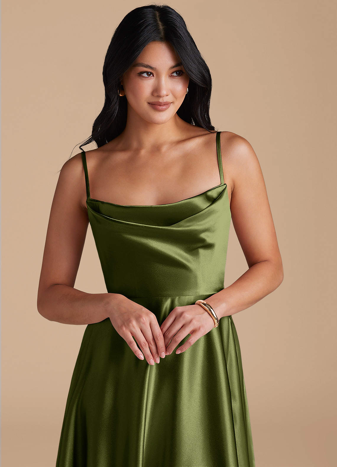 Elle A-Line Cowl-Neck Metallic Satin Bridesmaid Dress in Olive