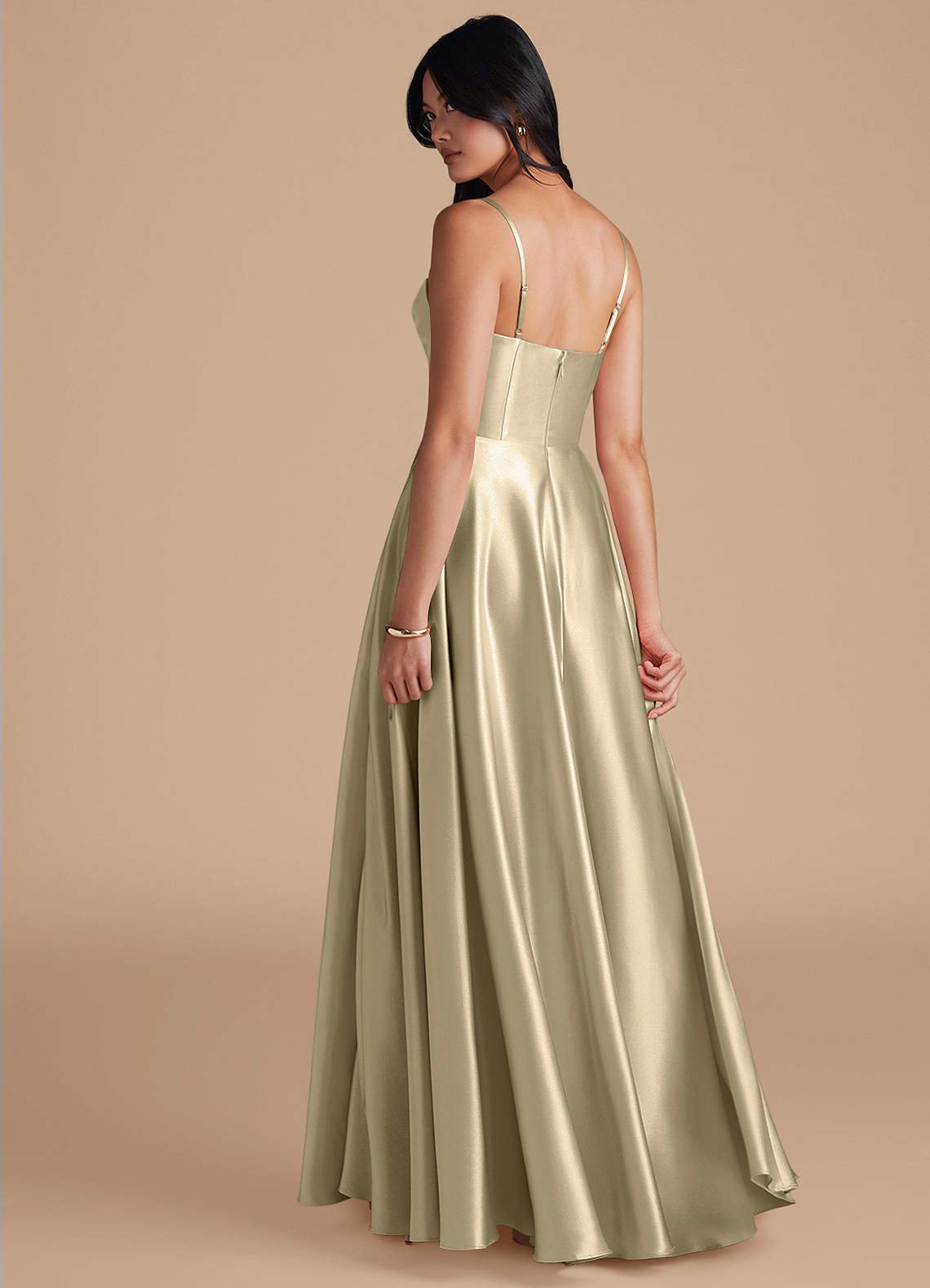 Elle A-Line Cowl-Neck Metallic Satin Bridesmaid Dress in Moss Green