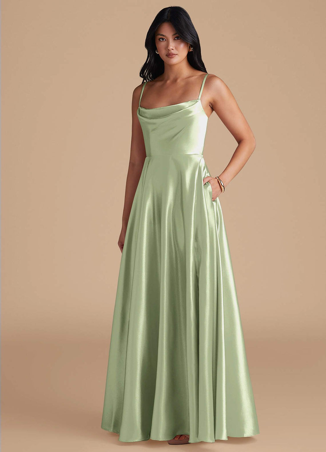 Elle A-Line Cowl-Neck Metallic Satin Bridesmaid Dress in Dusty Sage