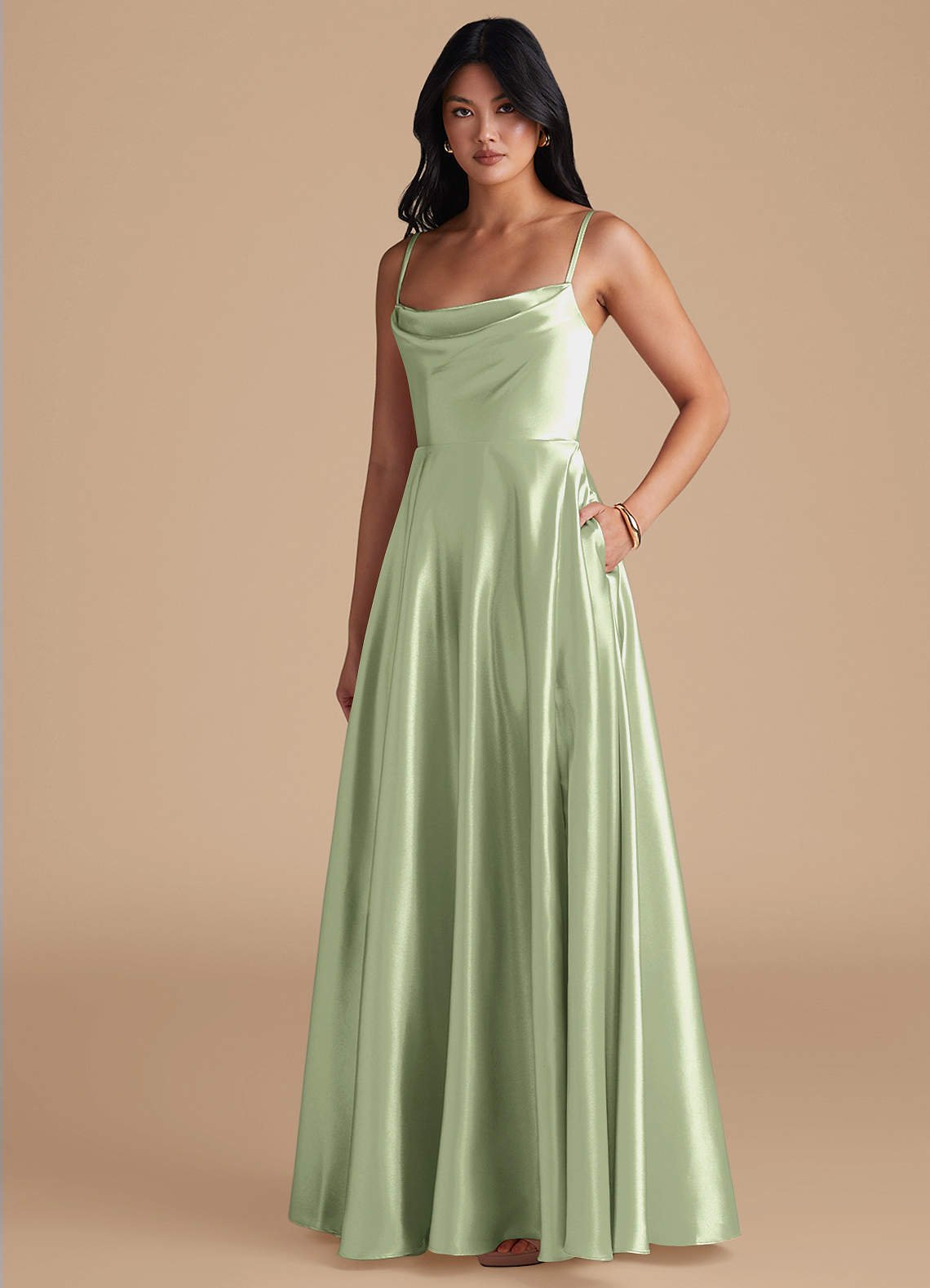 Elle A-Line Cowl-Neck Metallic Satin Bridesmaid Dress in Dusty Sage