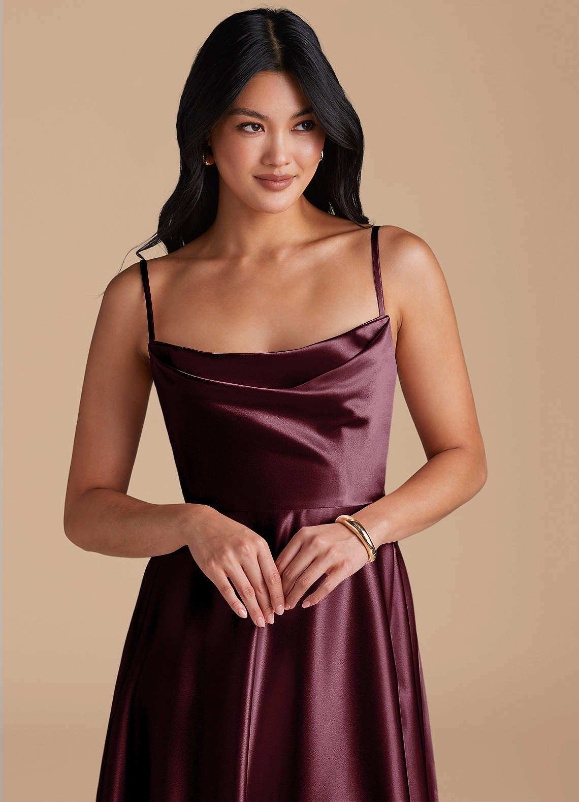 Elle A-Line Cowl-Neck Metallic Satin Bridesmaid Dress in Cabernet