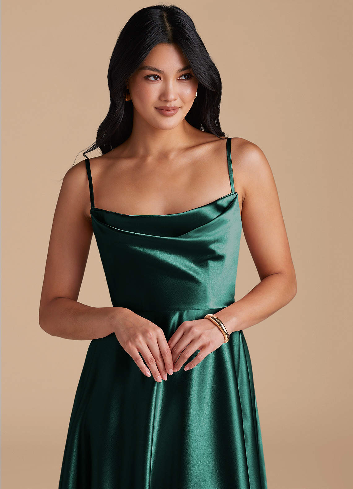Elle A-Line Cowl-Neck Metallic Satin Bridesmaid Dress in Pine