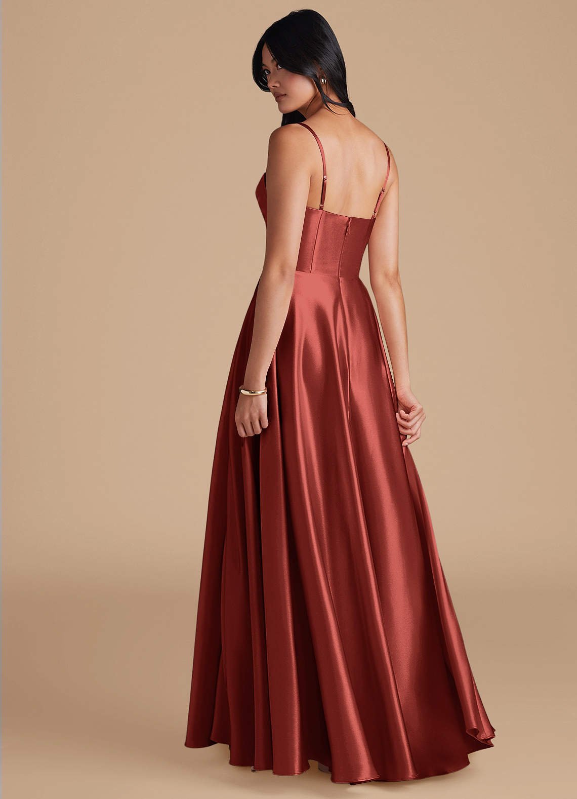 Elle A-Line Cowl-Neck Metallic Satin Bridesmaid Dress in Terracotta