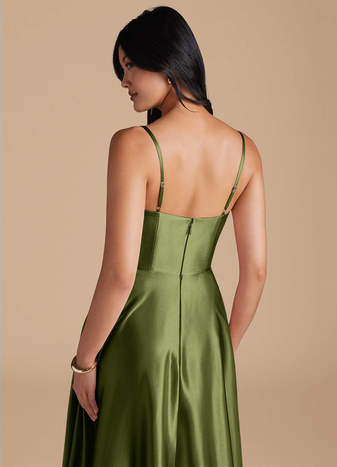 Elle A-Line Cowl-Neck Metallic Satin Bridesmaid Dress in Olive