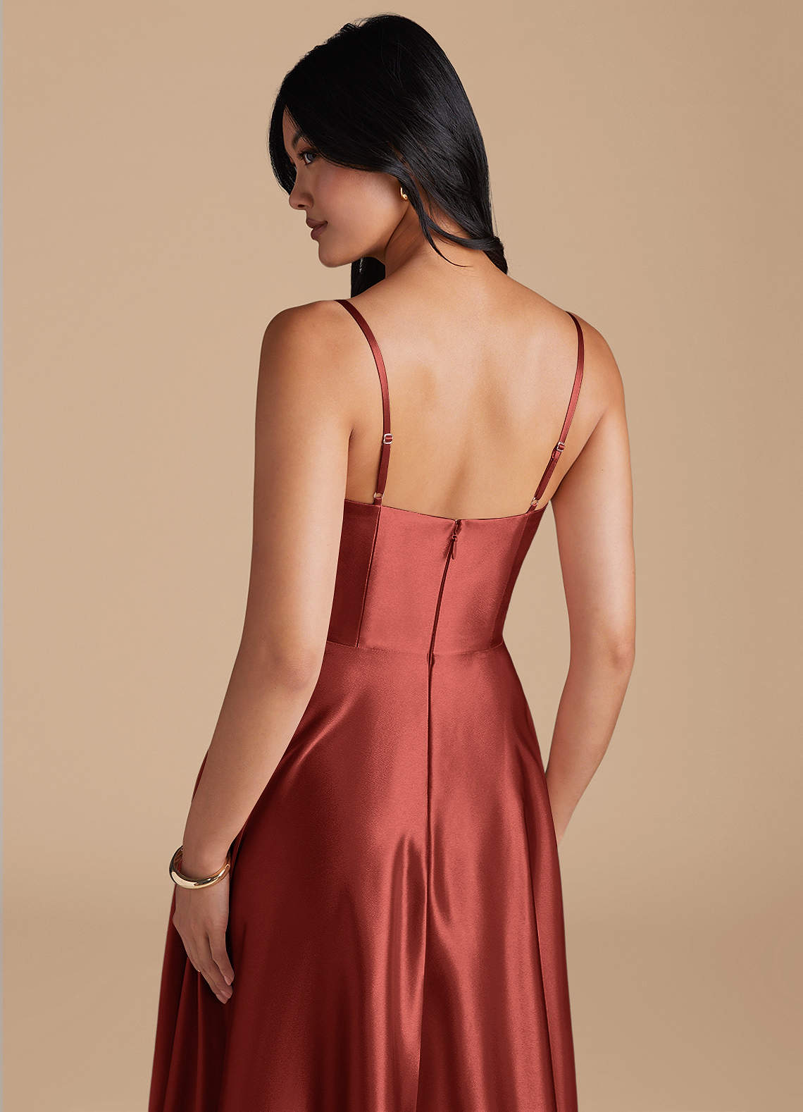 Elle A-Line Cowl-Neck Metallic Satin Bridesmaid Dress in Terracotta